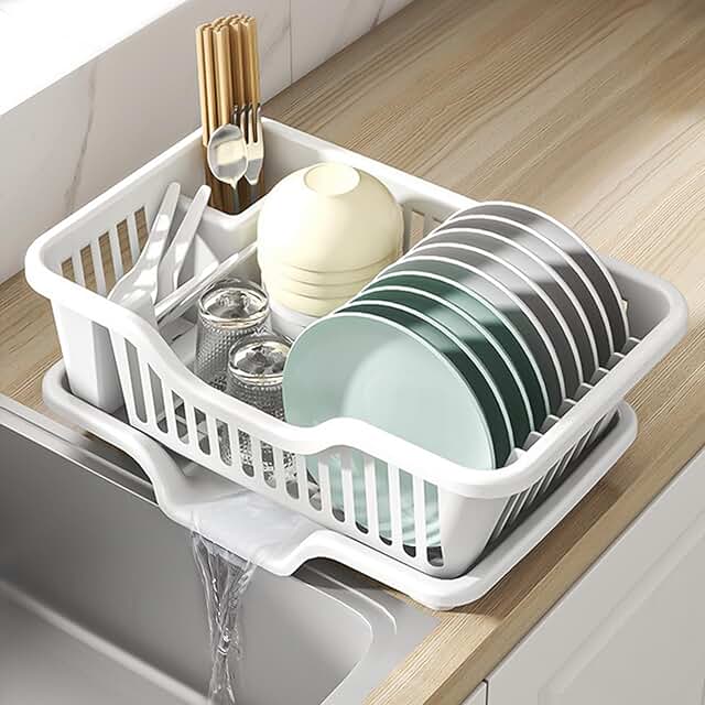 Large White Plastic Dish Drying Rack with Drainboard