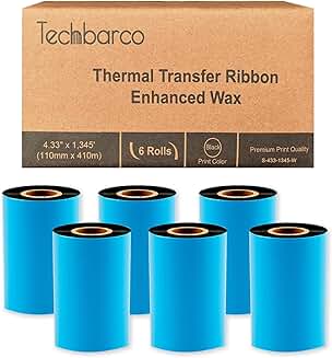 Six rolls of 4.33" x 1345' black wax thermal transfer ribbon