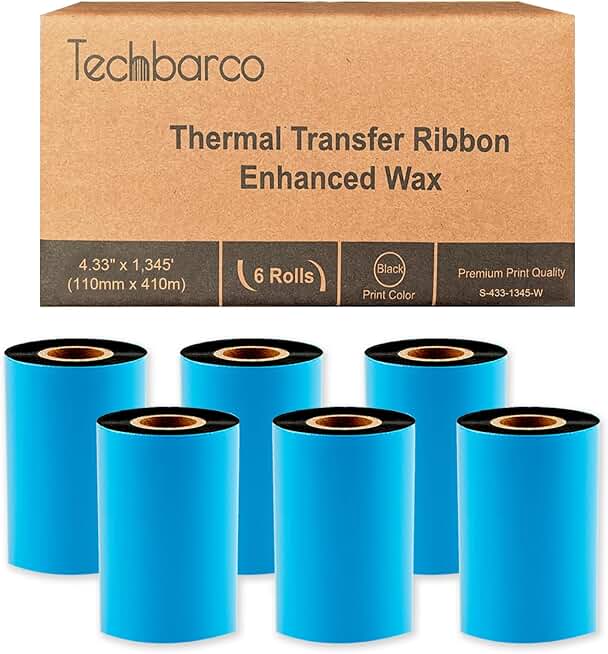 Six rolls of 4.33" x 1345' black wax thermal transfer ribbon