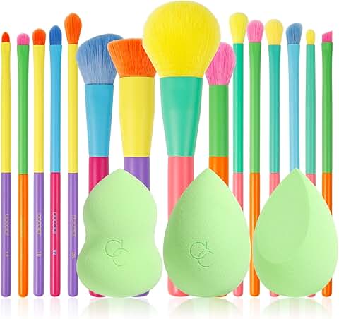 15-Piece Colorful Makeup Brush Set with Sponges