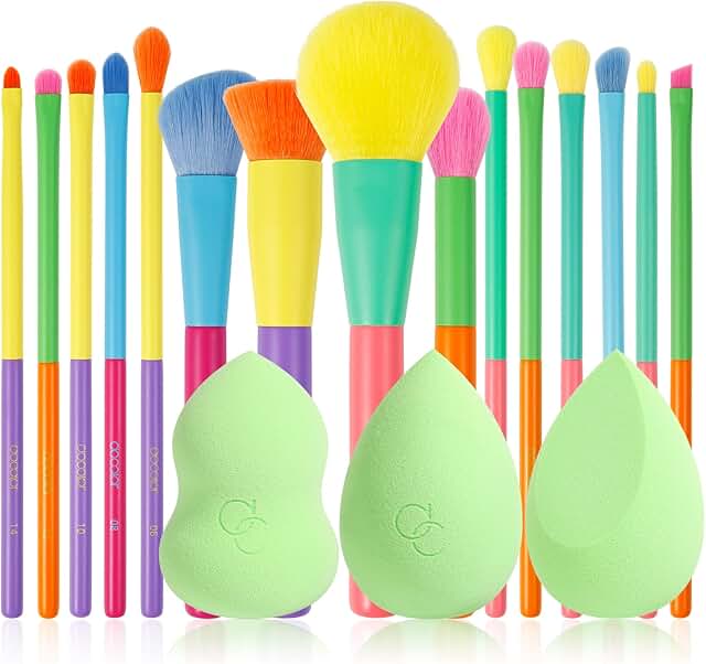 15-Piece Colorful Makeup Brush Set with Sponges