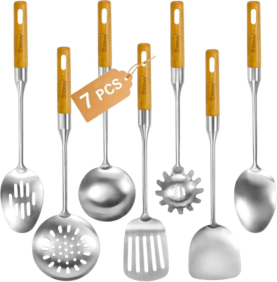 7-Piece Stainless Steel Kitchen Utensil Set with Wooden Handles