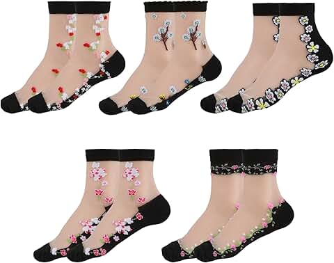 Five Pairs Women's Sheer Floral Ankle Socks