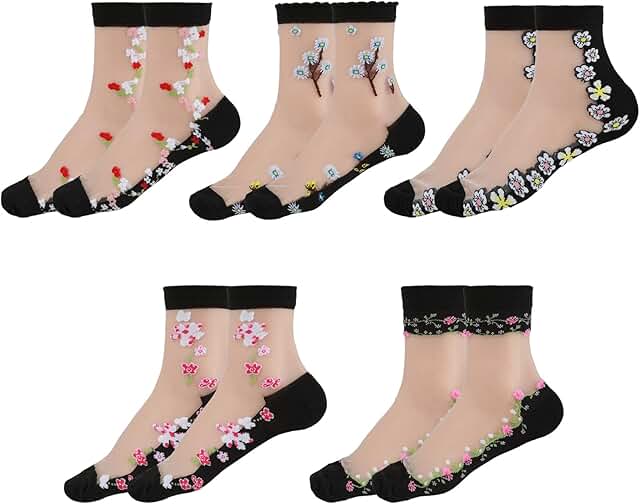 Five Pairs Women's Sheer Floral Ankle Socks