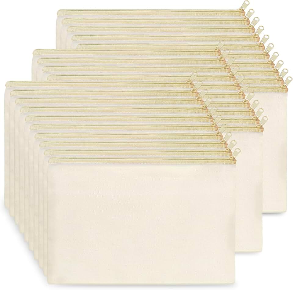 Bulk Beige Canvas Cosmetic and Makeup Bags, 30 Pack