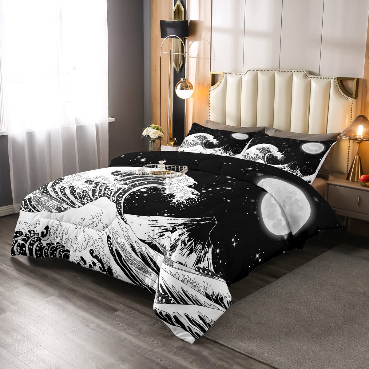 Sea Wave Surfing Comforter Set Ukiyoe Ocean Bedding Set for Kids Boys Girls Moon Comforter White Black Decor Quilt Set Bedroom 2Pcs Twin Size