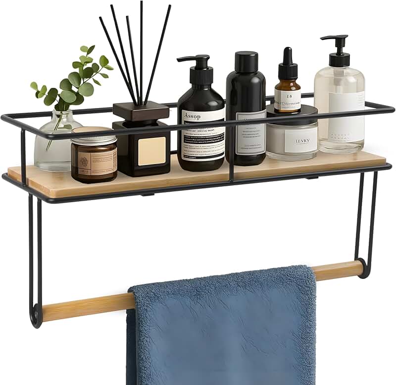 Wall-Mounted Wooden Shelf with Towel Holder