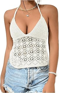 Women's Embroidered Eyelet Crochet Open Back Halter Crop Top