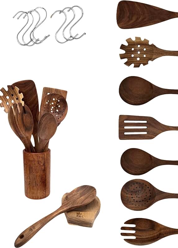 9-Piece Wooden Kitchen Utensil Set with Holder