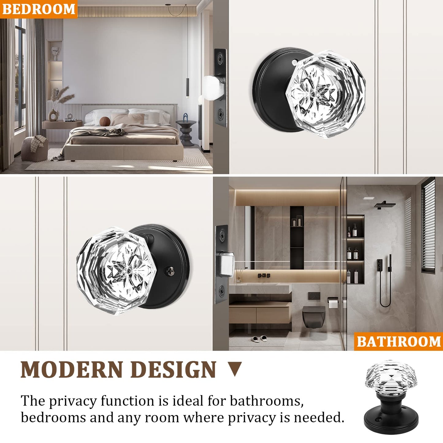 6 Pack Gl Door Knobs with Flat Black Rosette, Bath/Bed Door Knobs for Privacy Use, Keyless In or Door Handles with Diamond Shape Crystal Gl and Zinc Alloy Base