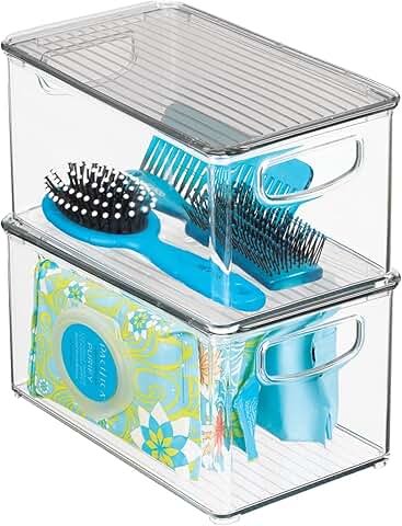 Deep plastic bathroom storage bin with lid and handles, 2-pack
