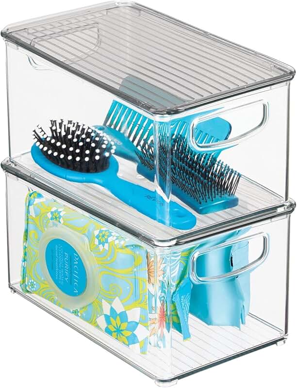 Deep plastic bathroom storage bin with lid and handles, 2-pack