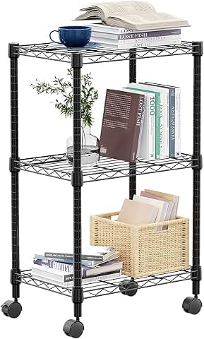 Three-tier metal storage shelf with wheels, 11.8" D x 17.7" W x 29.8" H