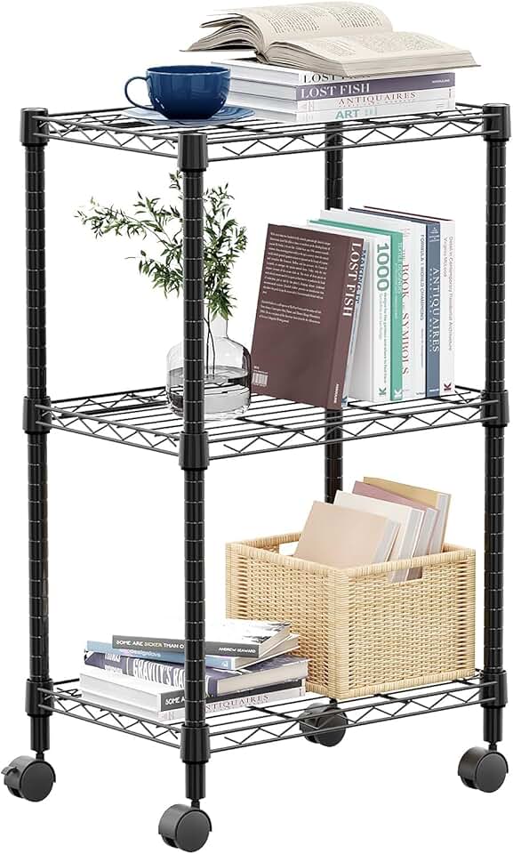 Three-tier metal storage shelf with wheels, 11.8" D x 17.7" W x 29.8" H