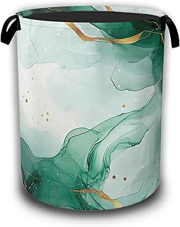 Green marble collapsible laundry basket with handles
