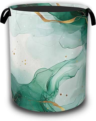 Green marble collapsible laundry basket with handles