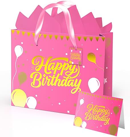 Pink Birthday Gift Bag with Tissue and Card