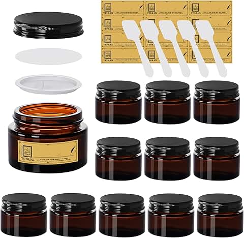 12 Amber Glass Jars with Lids, 1.75 oz