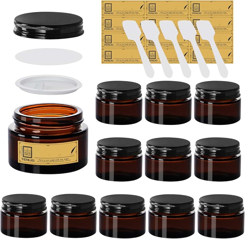 12 Amber Glass Jars with Lids, 1.75 oz
