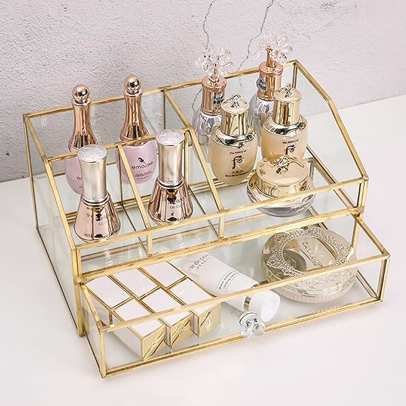 Elegant Glass Makeup and Jewelry Organizer for Vanity