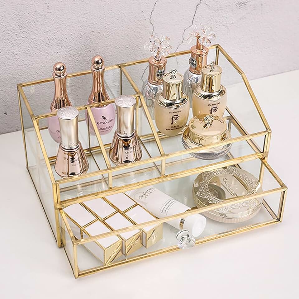 Elegant Glass Makeup and Jewelry Organizer for Vanity