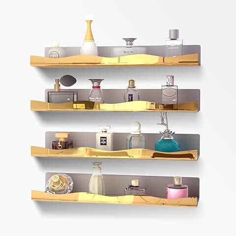 Large Golden Reflective Acrylic Floating Shelves, 4 Pack