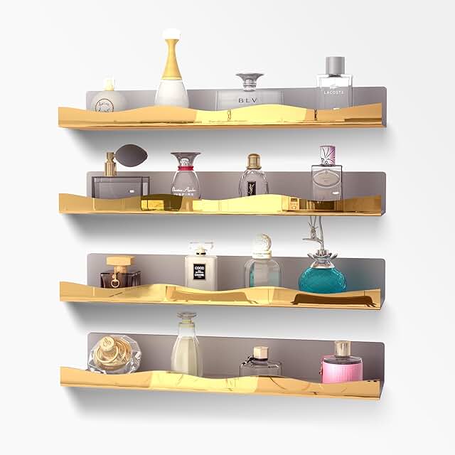 Large Golden Reflective Acrylic Floating Shelves, 4 Pack