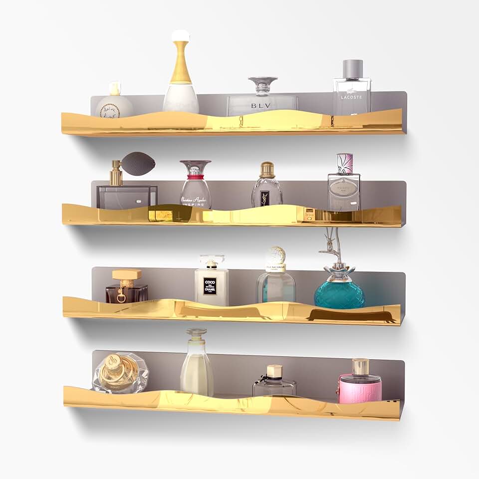 Large Golden Reflective Acrylic Floating Shelves, 4 Pack