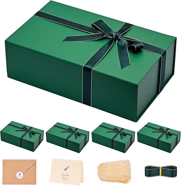 Set of five large green gift boxes with magnetic lids