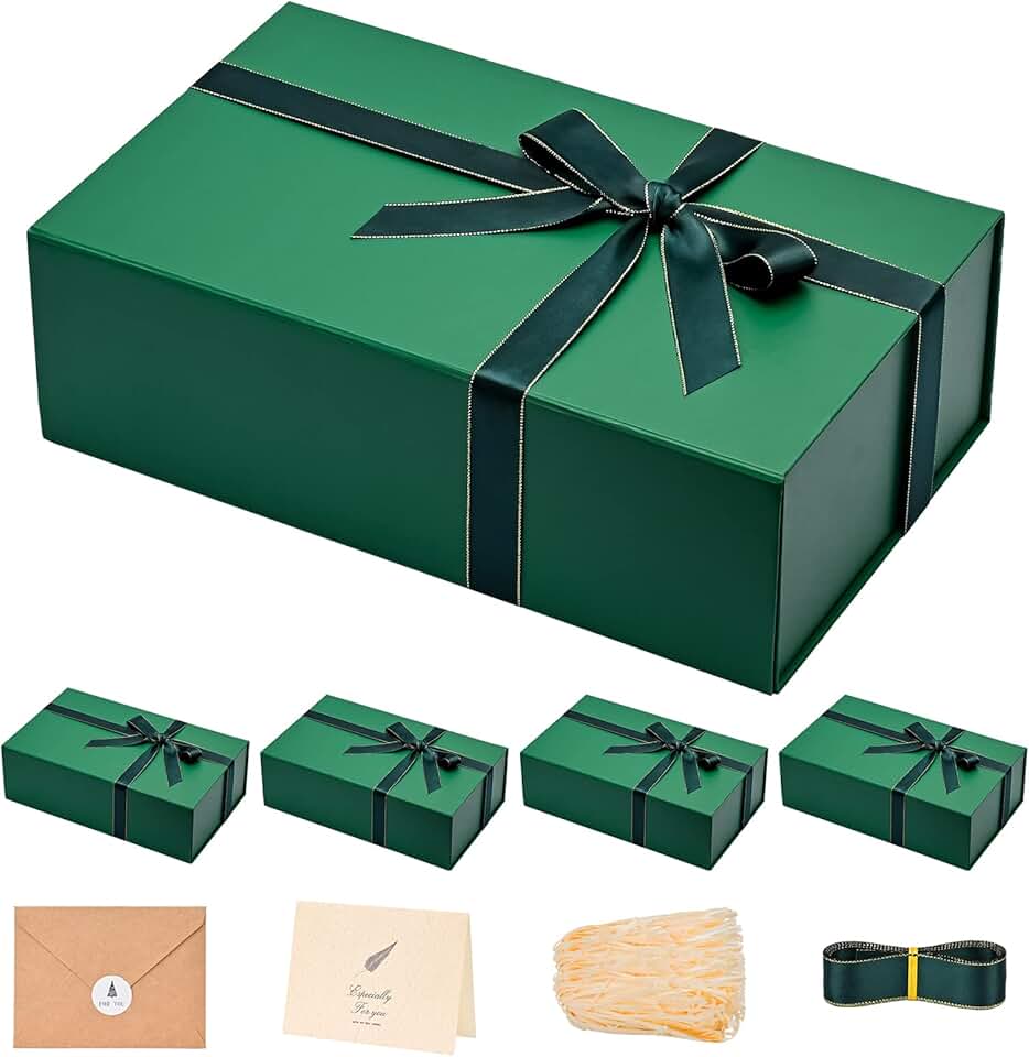 Set of five large green gift boxes with magnetic lids