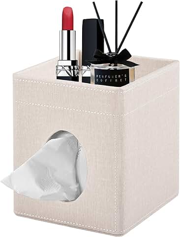 Square Tissue Box Cover with Storage Tray in Beige