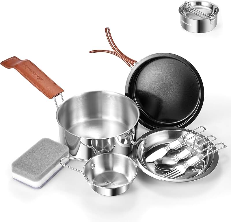 10-piece stainless steel camping cookware set for outdoor cooking