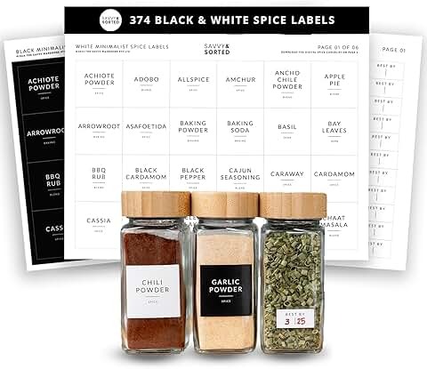 Square Spice Labels for Glass Bottles, 374 Preprinted Stickers