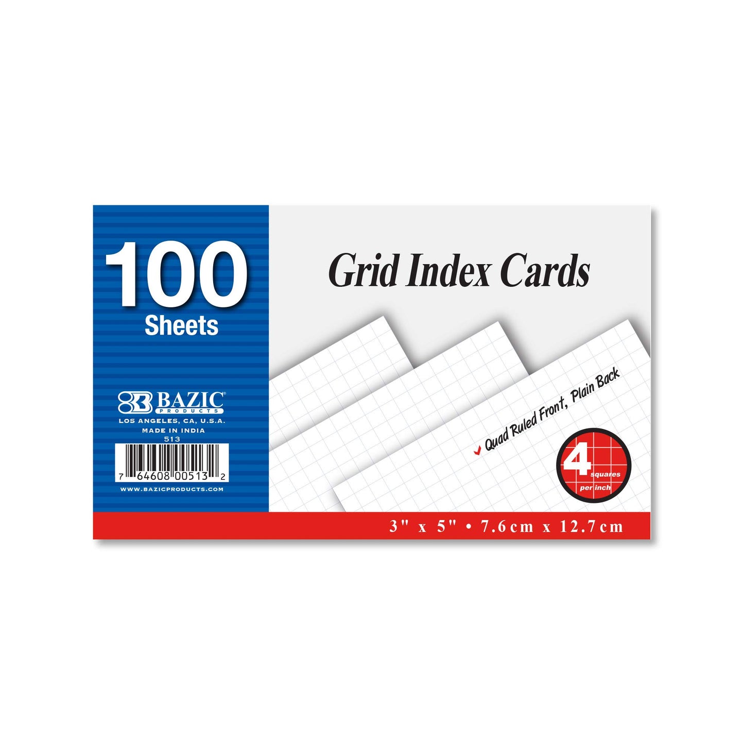 White 3x5 Quad Ruled Index Cards, 100 Pack