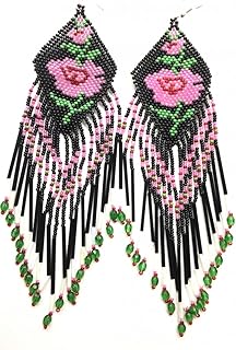 Long Rose Design Glass Beaded Earrings