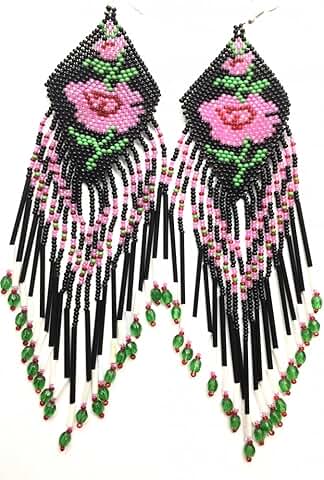 Long Rose Design Glass Beaded Earrings