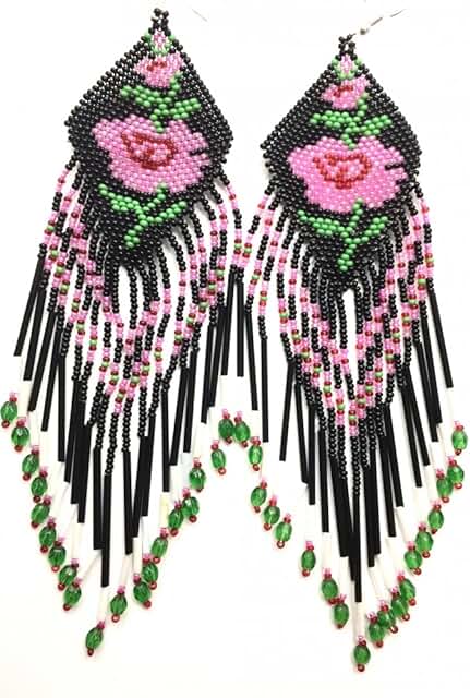 Long Rose Design Glass Beaded Earrings