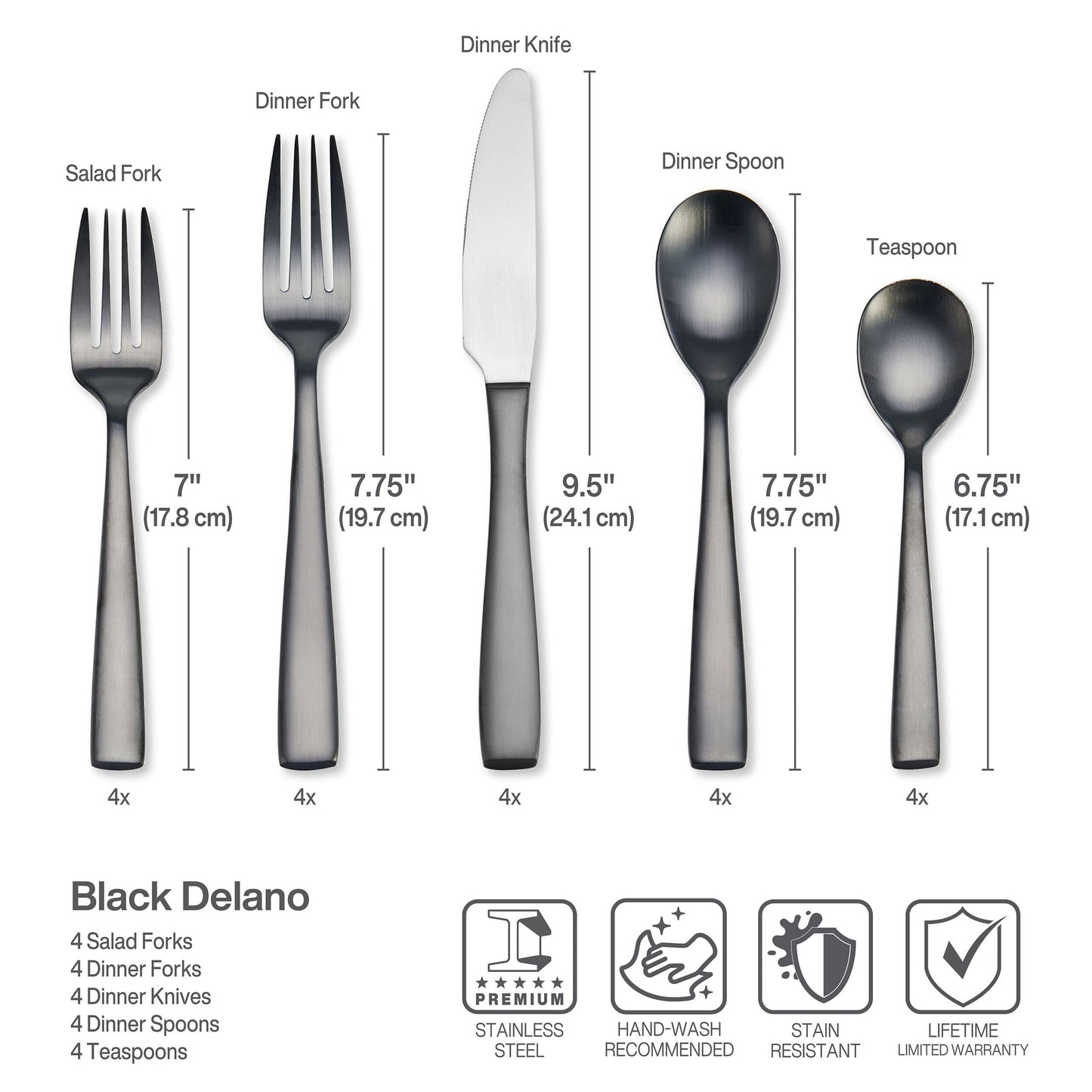 Delano Black 20-Piece Stainless Steel Flatware Set, Service for 4