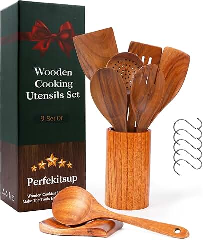 9-Piece Natural Teak Wooden Cooking Utensil Set with Holder