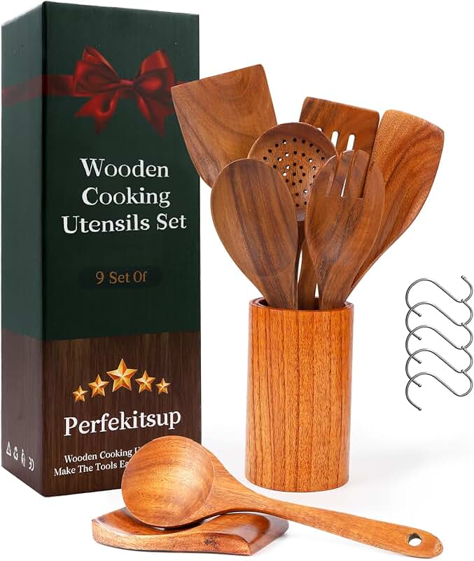 9-Piece Natural Teak Wooden Cooking Utensil Set with Holder
