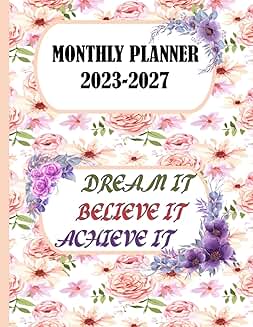 Monthly planner 2023-2027 with floral cover and large print