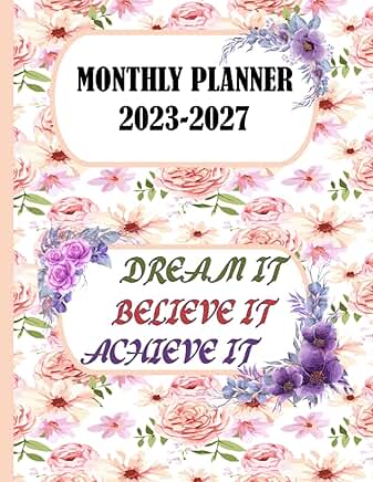 Monthly planner 2023-2027 with floral cover and large print