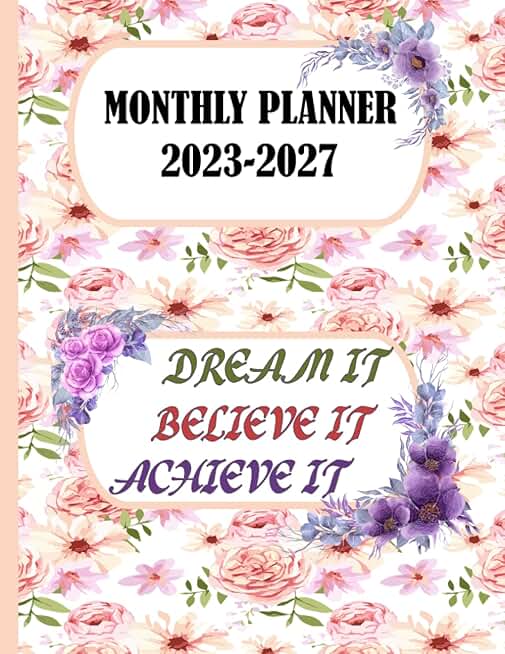 Monthly planner 2023-2027 with floral cover and large print
