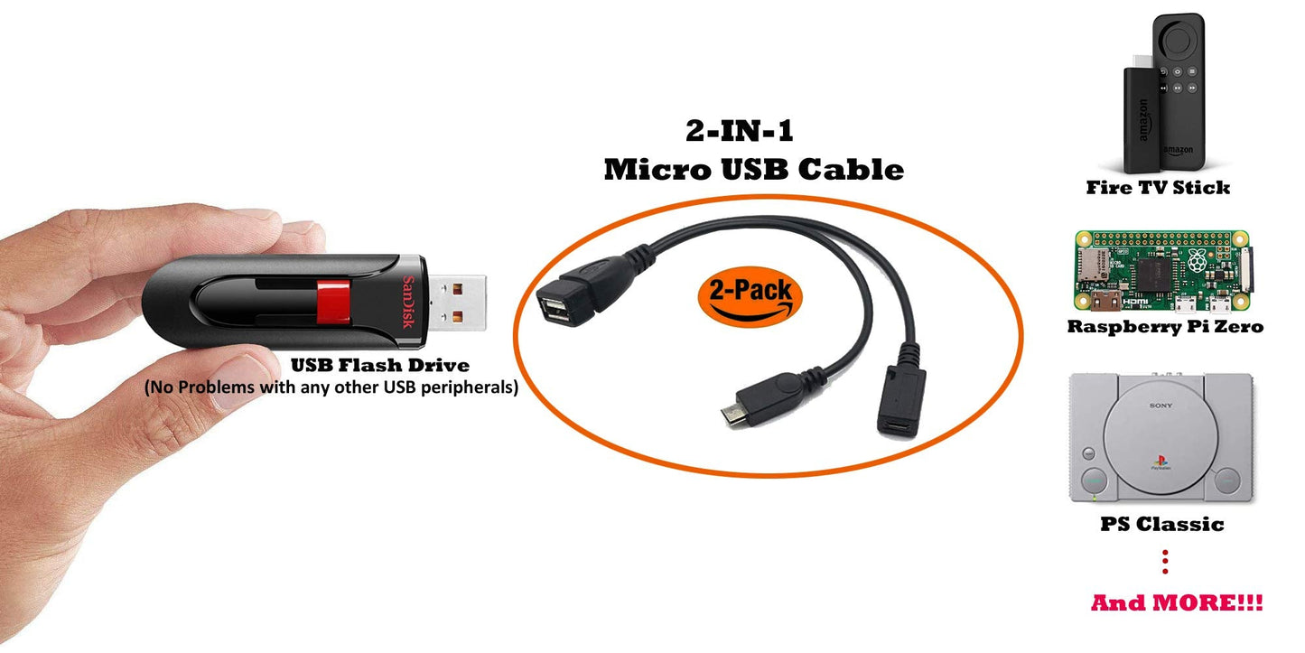 2-in-1 Micro USB to USB Adapter (OTG Cable + Power Cable) for Stick, Playstation Classic and More - 2 Pack