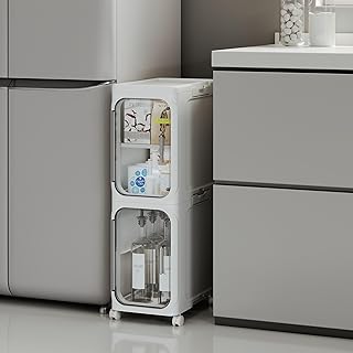 Tall narrow storage cabinet with adjustable shelves and wheels