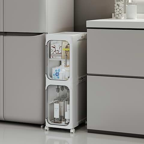 Tall narrow storage cabinet with adjustable shelves and wheels