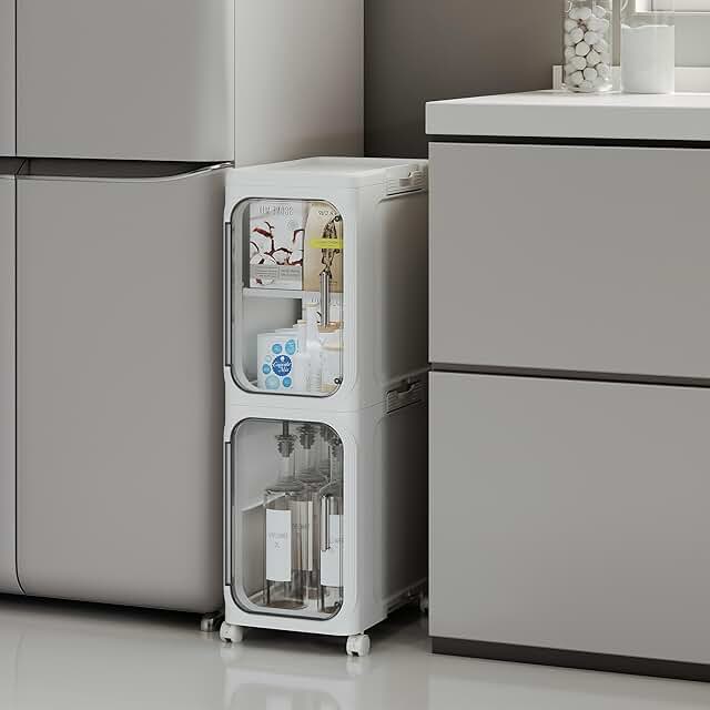 Tall narrow storage cabinet with adjustable shelves and wheels