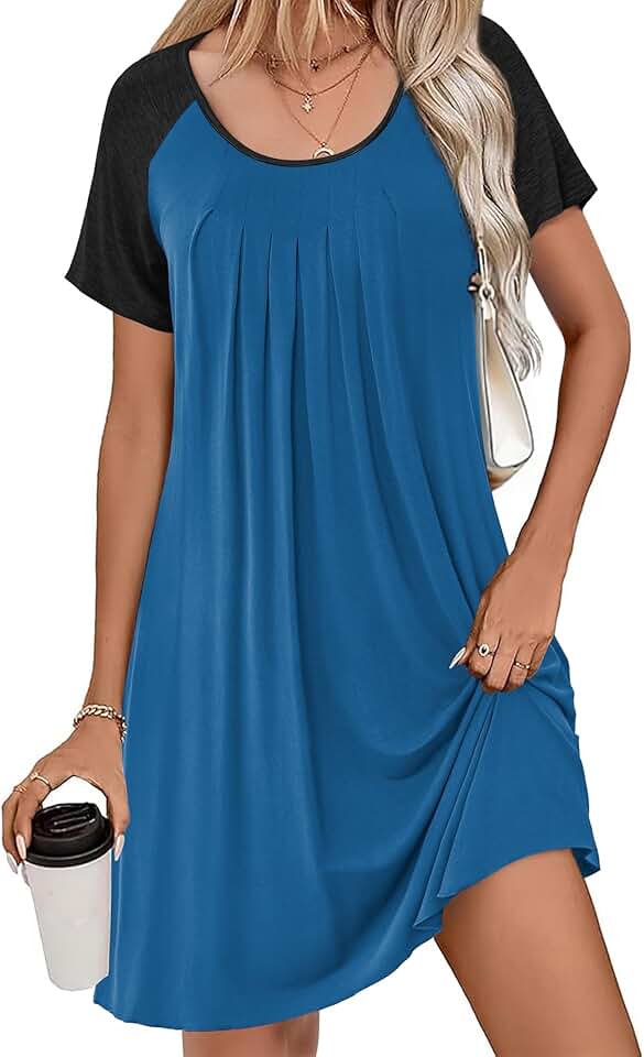 Women's Short Sleeve Nightgown with Pleated Scoopneck