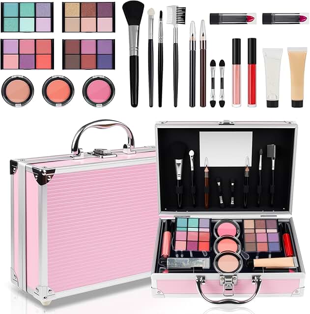 Teen Girl Makeup Kit with Eyeshadow, Lipstick, Blush, Gloss, Brushes
