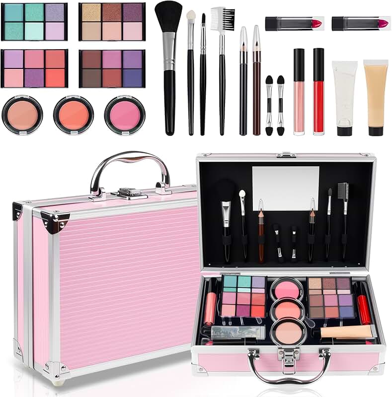 Teen Girl Makeup Kit with Eyeshadow, Lipstick, Blush, Gloss, Brushes
